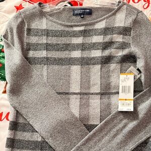 Jones New York Charcoal, Light Gray and Silver glitter Patterned Top
